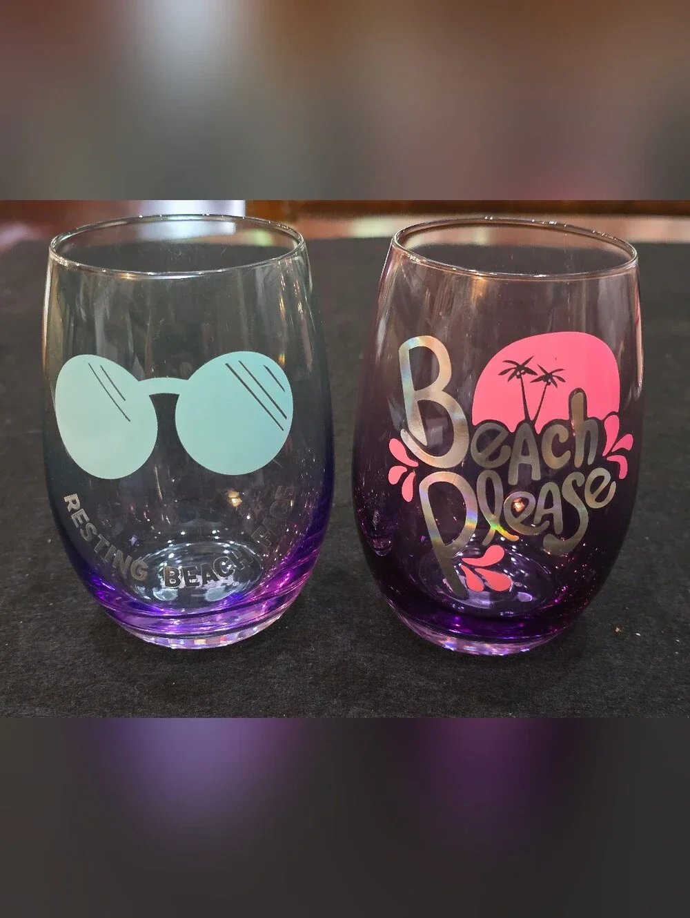 Blush Purple Stemless Wine Glasses w/Mint & Pink Beach Designs (Set of 2) #674